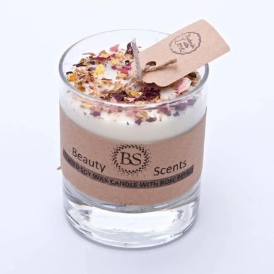 Bougies - Petite bougie parfumée en cire de soja avec pétales de rose dans un récipient en verre, boîte de 6, Champagne et roses - BEAUTY SCENTS CANDLES