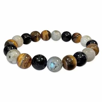 Bracelets - 10mm pearls Labradorite Onyx & Tiger eye bracelet - ARABESK