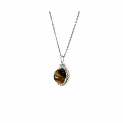 Bijoux - Collier Argent 925 avec Pendentif Boule Oeil de Tigre AA 10mm - ARABESK