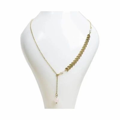 Bijoux - Collier chaine Plume Doré en Forme Y Acier Inoxydable Quartz Rose A 8mm - ARABESK