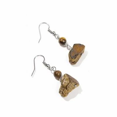 Bijoux - Boucles d'Oreilles Argentées en Acier Inoxydable Œil de Tigre Brut A 3.5cm - ARABESK