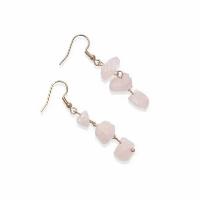 Bijoux - Boucles d'Oreilles Dorées en Acier Inoxydable Quartz Rose Brut A 5cm - ARABESK