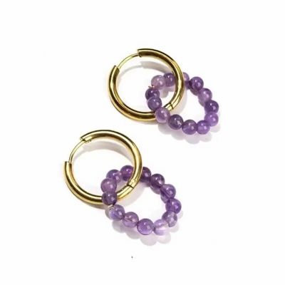 Bijoux - Boucles d'Oreilles Créoles Dorées en Acier Inoxydable Améthyste A 3.5cm - ARABESK