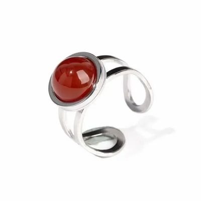 Jewelry - Round Red Agate Silver Stainless Steel Ring A - ARABESK
