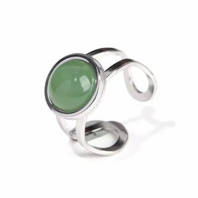 Jewelry - Round Green Aventurine Silver Stainless Steel Ring A - ARABESK