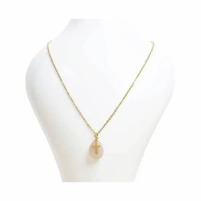 Bijoux - Collier Chaine Acier Inoxydable Doré Aventurine Pêche A & Croix - ARABESK