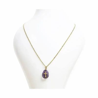 Bijoux - Collier Chaine Acier Inoxydable Doré Améthyste A & Croix - ARABESK