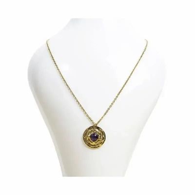 Bijoux - Collier Acier Inoxydable Doré avec Pendentif Rond Améthyste A - ARABESK