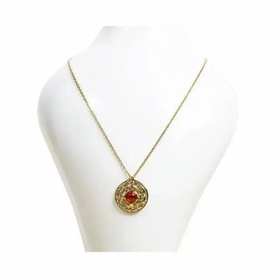 Jewelry - Gold Stainless Steel Necklace with Round Red Agate Pendant A - ARABESK