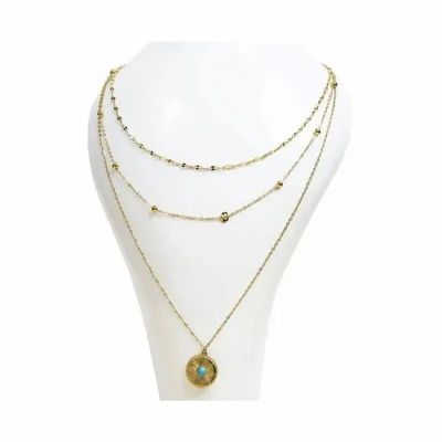 Jewelry - Gold Stainless Steel Chain Necklace Triple Row Sun Turquenite Pendant - ARABESK