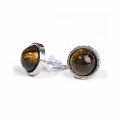 Jewelry - Round Stainless Steel Tiger Eye Stud Earrings 10mm - ARABESK