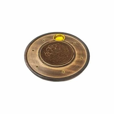 Scents - Chiseled Round Wooden Incense Holder Om and Lotus 10cm x10 - ARABESK
