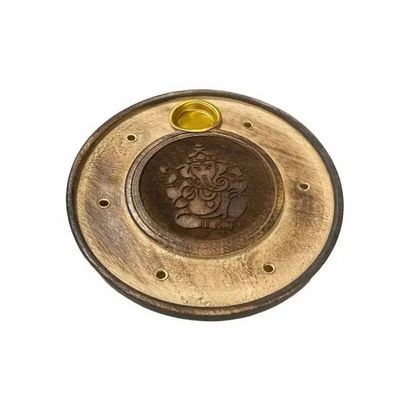 Scents - Ganesh Chiseled Round Wooden Incense Holder 10cm x10 - ARABESK