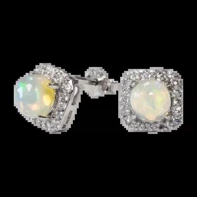 Bijoux - Boucles d'Oreilles Carrées Solitaire Argent 925 Opale & Strass AA 7.2mm - ARABESK