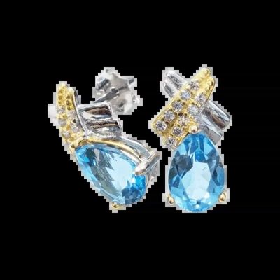 Jewelry - 925 Silver Oval Earrings Blue Topaz and Faceted Rhinestone AA 5x7mm - ARABESK
