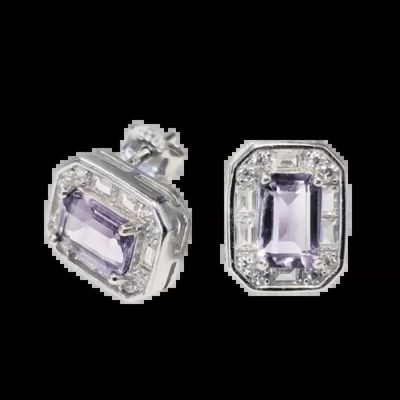 Bijoux - Boucles d'Oreilles Carrées Argent 925 Améthyste et Strass Facettée AA 4x6mm - ARABESK