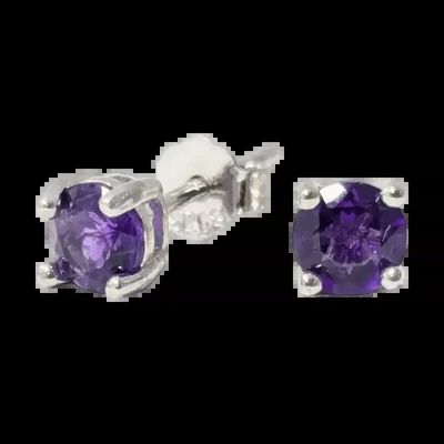 Bijoux - Boucles d'Oreilles Rondes Solitaire Améthyste Argent 925 Facettée AA 4mm - ARABESK