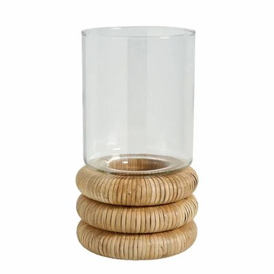 Bougeoirs et photophores - Photophore BOLINE verre et rotin naturel dia 16x28,5 - BLANC D'IVOIRE