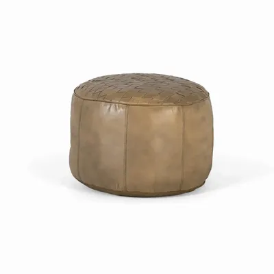 Poufs - Pouf rond recouvert de cuir beige naturel - GINER Y COLOMER