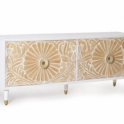 TV stands - White mango wood TV unit with gold accents - GINER Y COLOMER
