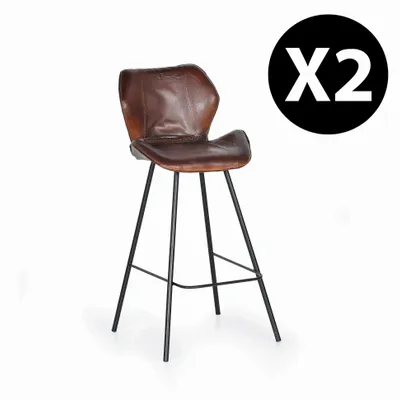 Tabourets - Lot de 2 tabourets en cuir naturel avec pieds en métal - GINER Y COLOMER