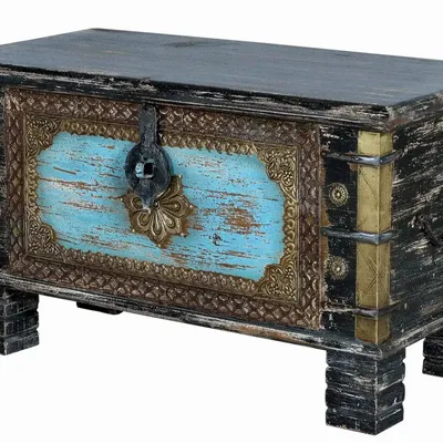 Boîtes de rangement - Coffre en bois de manguier noir vieilli avec détails bleus - GINER Y COLOMER