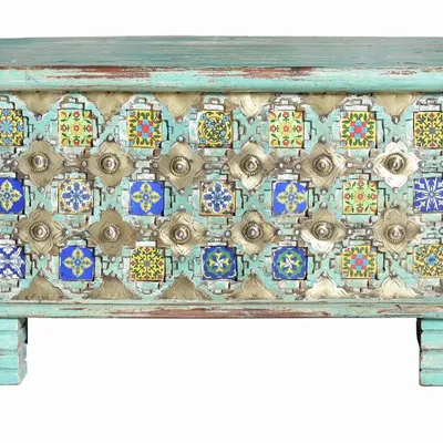 Boîtes de rangement - Coffre en bois de manguier avec détails verts et multicolores - GINER Y COLOMER