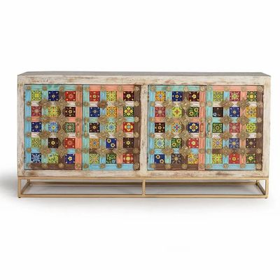 Buffets - Buffet en bois de manguier avec details en maiolique et pieds en métal - GINER Y COLOMER