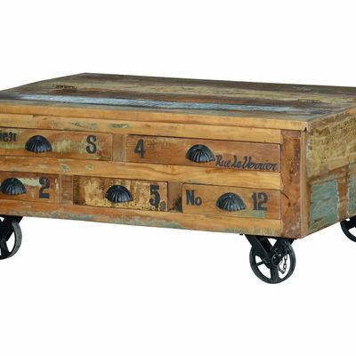 Coffee tables - Recycled wood coffee table and multi-colored metal casters - GINER Y COLOMER