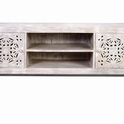 TV stands - Mango wood TV cabinet and aged white metal legs - GINER Y COLOMER