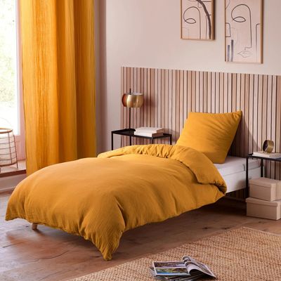 Linge de lit - Parure de Couette Gaze de Coton 140 x 200 cm + 1 Taie d'oreiller 65 x 65 cm Curry - COTON PUR