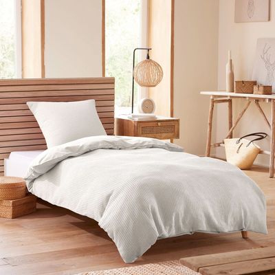 Linge de lit - Parure de couette 140x200cm + 1 taie d'oreiller 65X65cm nid d'abeille Neige - COTON PUR