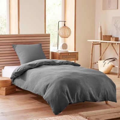 Linge de lit - Parure de couette 140x200cm + 1 taie d'oreiller 65X65cm nid d'abeille Ardoise - COTON PUR