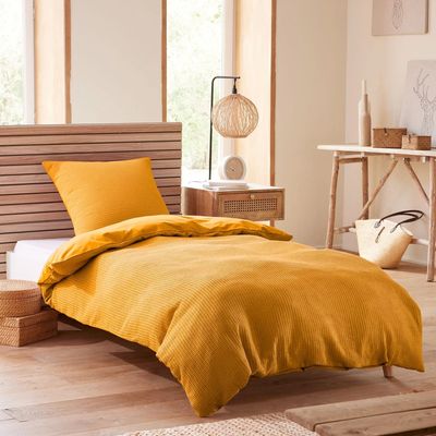 Linge de lit - Parure de couette 140x200cm + 1 taie d'oreiller 65X65cm nid d'abeille Curry - COTON PUR