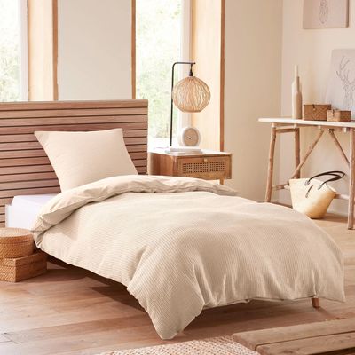 Linge de lit - Parure de couette 140x200cm + 1 taie d'oreiller 65X65cm nid d'abeille Naturel - COTON PUR