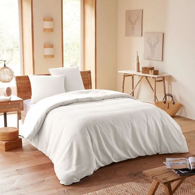 Linge de lit - Parure de couette 240x220cm + 2 taies d'oreiller 65X65cm nid d'abeille Neige - COTON PUR