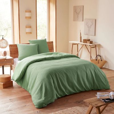 Bed linens - Duvet set 240x220cm + 2 pillowcases 65X65cm honeycomb Olive - COTON PUR