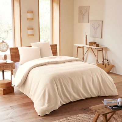 Linge de lit - Parure de couette 240x220cm + 2 taies d'oreiller 65X65cm nid d'abeille Naturel - COTON PUR