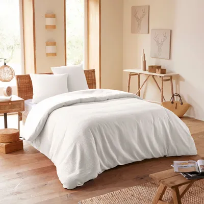 Linge de lit - Parure de couette 260x240cm + 2 taies d'oreiller 65X65cm nid d'abeille Neige - COTON PUR