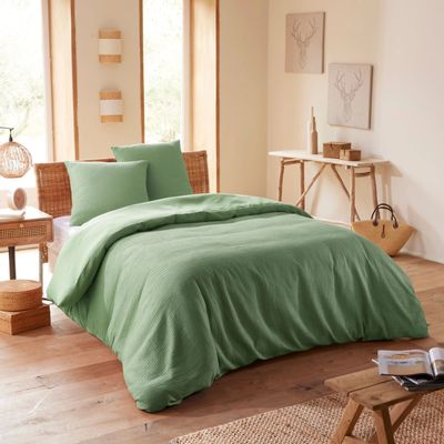 Linge de lit - Parure de couette 260x240cm + 2 taies d'oreiller 65X65cm nid d'abeille Olive - COTON PUR