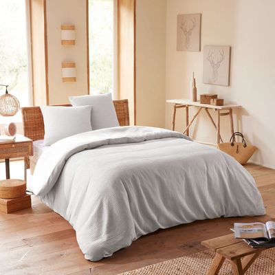 Linge de lit - Parure de couette 240x220cm + 2 taies d'oreiller 65X65cm nid d'abeille Perle - COTON PUR