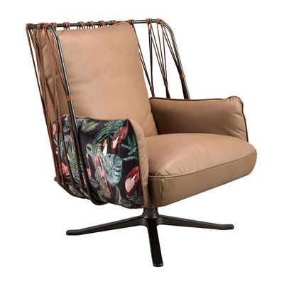 Armchairs - Brown leather and fabric swivel armchair with brown print - ANGEL CERDÁ