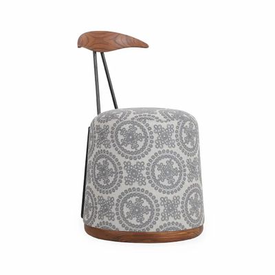 Chairs - Credu - Teakwood Pouffe cum Chair With Grey Fabric - ALANKARAM