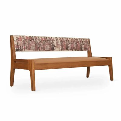 Benches - Akari - Teakwood Sofa With Tan Leather, Red Printed Fabric - ALANKARAM