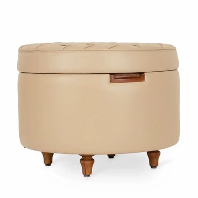 Ottomans - Dold - Teakwood Ottoman with Beige Lether - ALANKARAM