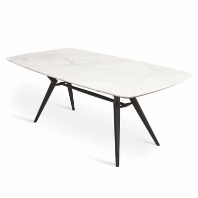 Tables Salle à Manger - Fusi - Table à manger en bois massif avec plateau en pierre blanche - ALANKARAM