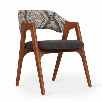 Chairs - Ikkita - Teakwood Dining Chair with Charcoal Black, Printed Fabric - ALANKARAM