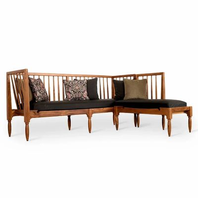Benches - Iste Teakwood Bench with Black Leather - ALANKARAM