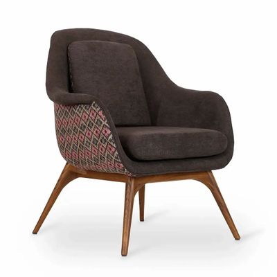 Chairs - Nefis - Teakwood Lounge Chair with Brown Fabric - ALANKARAM