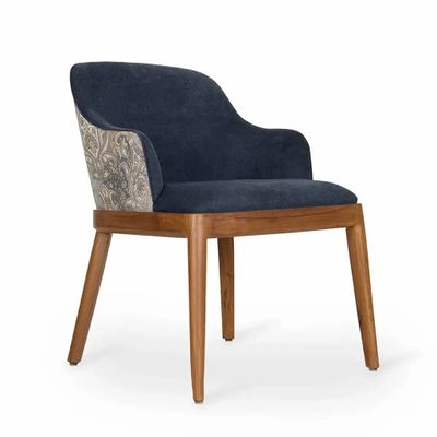Chairs - Ozlu - Teakwood Dining Chair with Blue, White Fabric - ALANKARAM